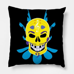 Dia de Los Muertos Music Sugar Skull - Floral Jester Edition - Yellow Pillow