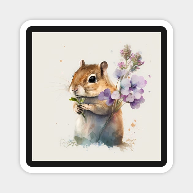 Cute chipmunk with flowers Magnet by Anicue