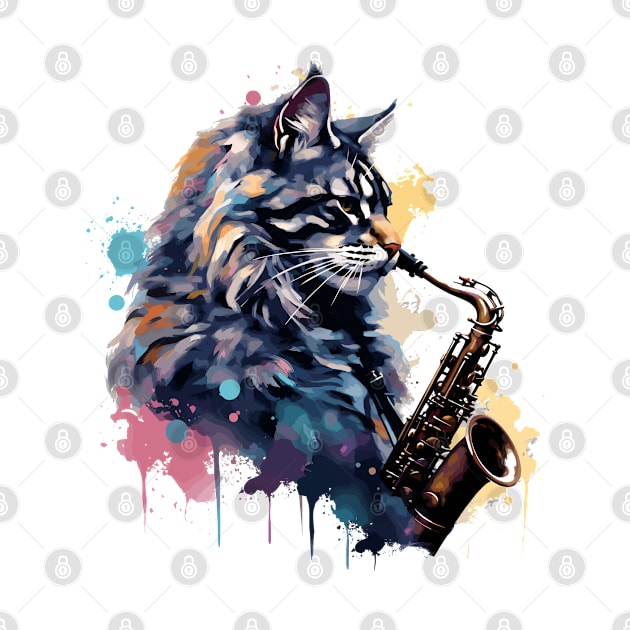 Maine Coon Cat Playing Saxophone by Graceful Designs