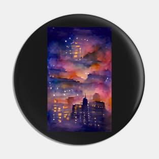 Moonlit Night in the City Watercolor Dream Art Pin