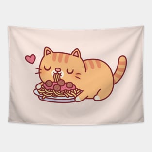 Cute Chubby Orange Tabby Cat Eating Spaghetti Pasta Tapestry
