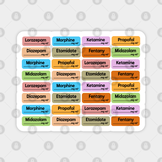 CRNA anesthesia drugs color coded syringe labels of eight drugs Design