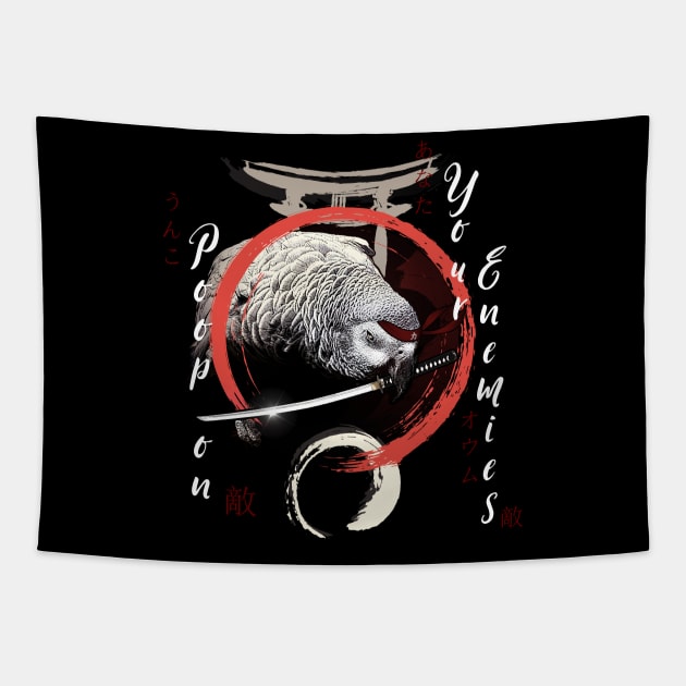 Katana Samurai Ninja Grey Parrot Warrior Funny Tapestry by BirdNerd