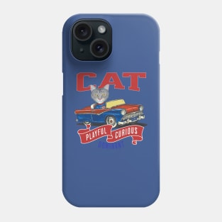 Humorous Funny and Cute gray Tabby kitty cat driving a vintage classic car to a parade with red white and blue flags Phone Case