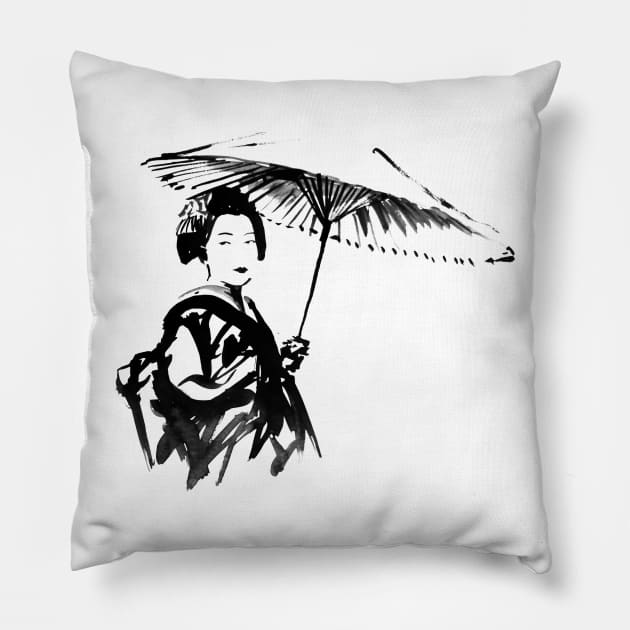 geisha with umbrella Pillow by pechane