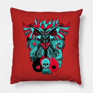 Turqred Wise Owl And Ageless Skull Pillow