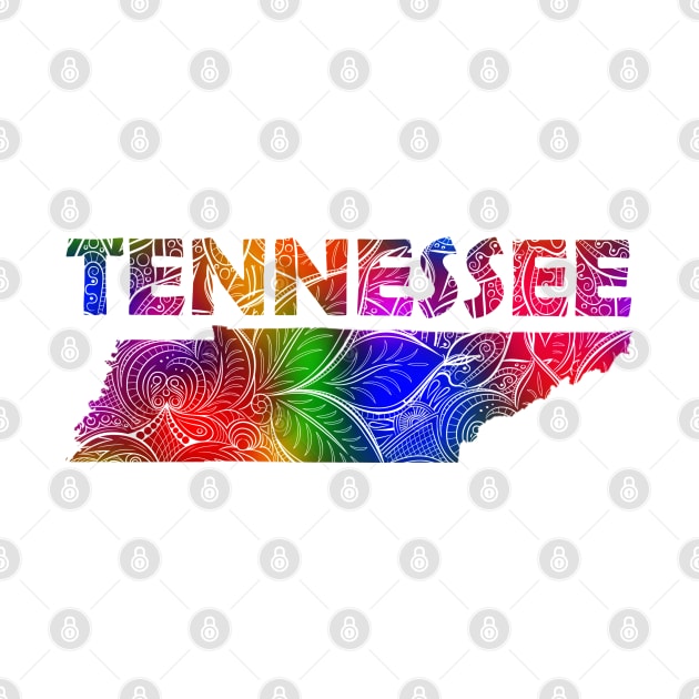 Colorful mandala art map of Tennessee with text in multicolor pattern by Happy Citizen