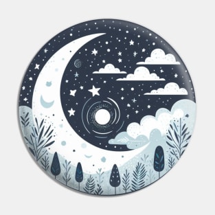 Whimsical Moonlit Night Circular Scene - Enchanting Night Sky with Stars and Clouds Pin