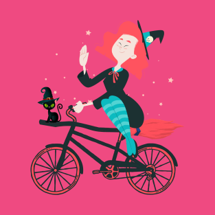 Cute Cartoon Witch Riding a Bicycle T-Shirt