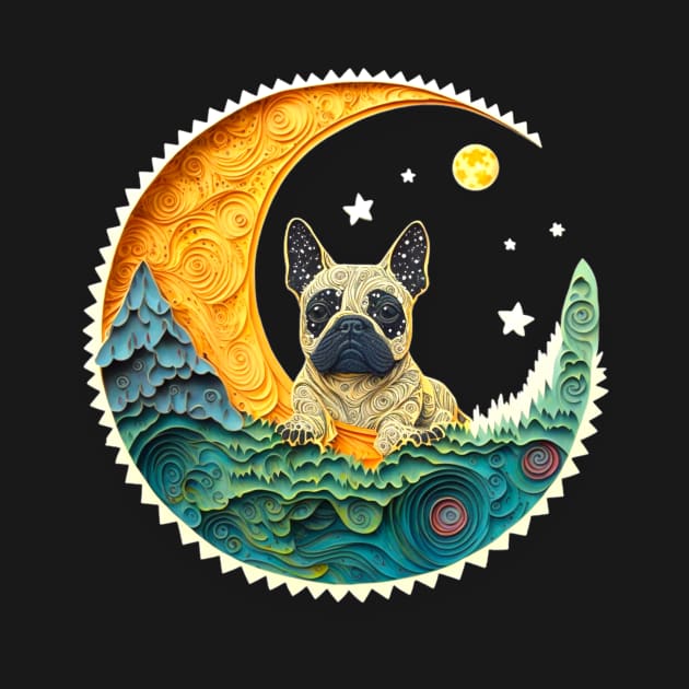 Retro French Bulldog Frenchie Crescent Moon Stars Forest Art by joannejgg