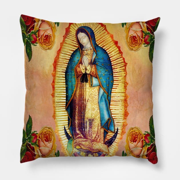 Our Lady of Guadalupe Virgin Mary and Roses Pillow by hispanicworld