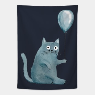 Watercolor cat with balloon Happy Birthday Tapestry