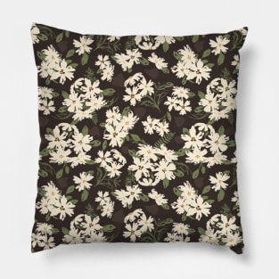 Cream and yellow flowers over brown background Pillow