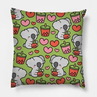 Cute Koala Bear Sipping Bubble Tea - Kawaii Boba Pattern Pillow