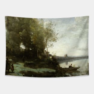 River with a Distant Tower by Jean-Baptiste-Camille Corot Tapestry