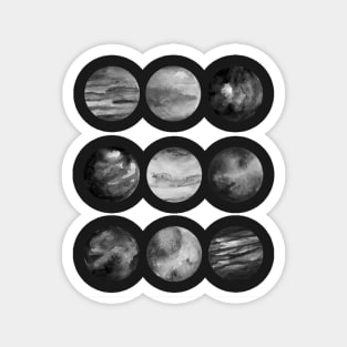 Black and white watercolor planets in starry night Magnet