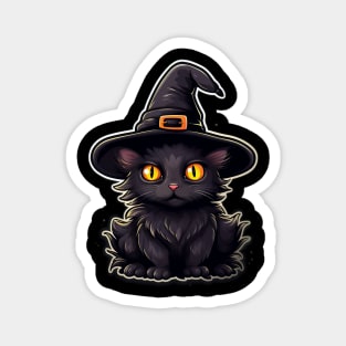 Black Cat In Witches Hat - Black Cats Spooky Halloween Magnet