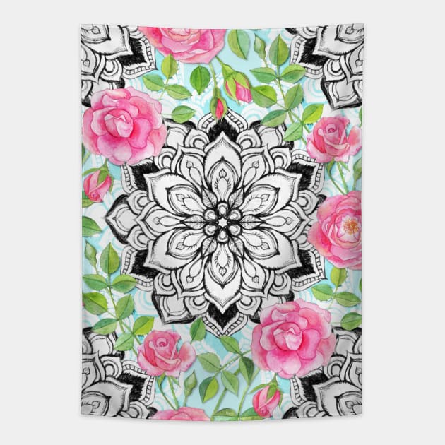 Pink Roses and Mandalas on Sky Blue Lace Tapestry by micklyn