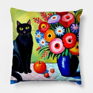 Black Cat and Floral Vase Modern Still Life Painting Pillow