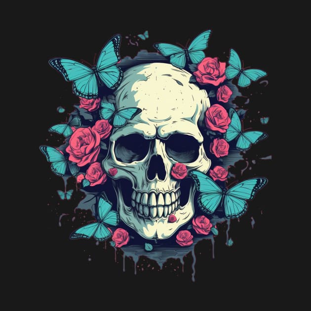 Skull with Buttlerflies and Roses by TOKEBI