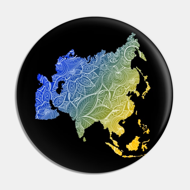 Colorful mandala art map of Asia with text in blue and yellow Pin by Happy Citizen