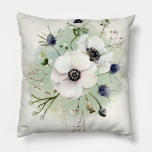 Watercolor botanical vintage Floral minimalist print- White Anemone Flower Pillow