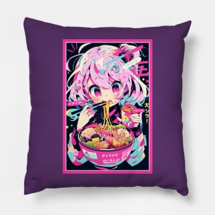 Cute Anime Girl |  Ramen Noodles | Hentaii Chibi Kawaii Design Pillow