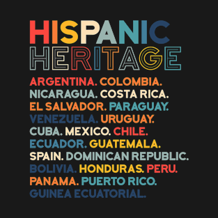 Hispanic Heritage Month Latino All Countries Names Retro T-Shirt