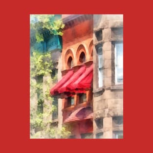 Hoboken NJ - Red Awnings on Brownstone T-Shirt