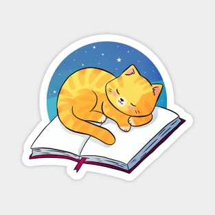Cute ginger cat sleeping on a book illustration Magnet