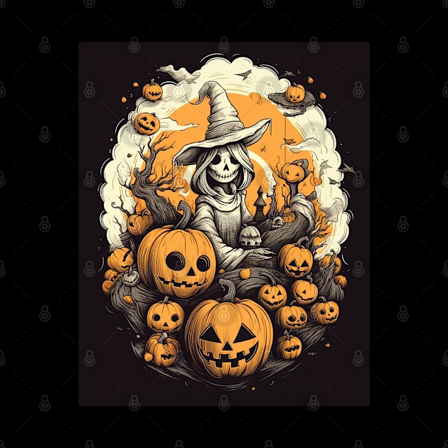 scary dead witch with pumpkins, halloween design by Maverick Media