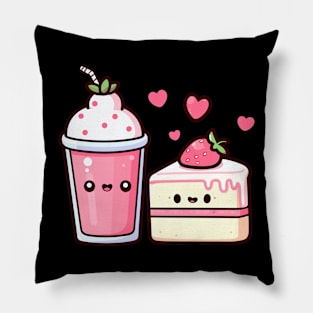 Kawaii Strawberry Milkshake and Strawberry Cake with Hearts | Kawaii Lovers Design Pillow