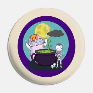 Cute Ghost And Skeleton At The Cauldron Pin