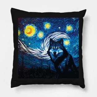 Wolf in a Starry Night Sky. Van Gogh Style Pillow