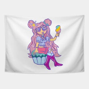 Kawaii Chibi Pastel Girl Sitting On Cupcake Eating Ice Cream Tapestry