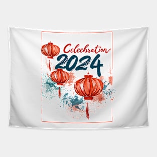 Red and Blue 2024 Celebration: Paintbrush Art of Chinese Lantern & Firework Tapestry