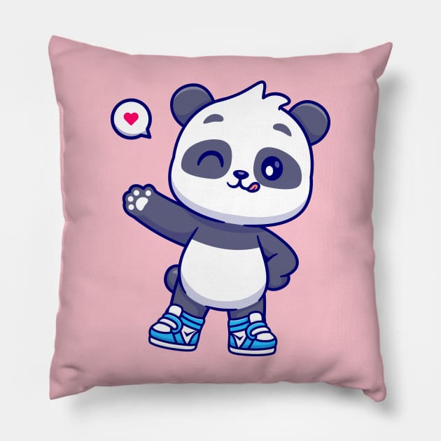 Cute Panda Wearing Shoes And Waving Hand Cartoon Pillow by Catalyst Labs