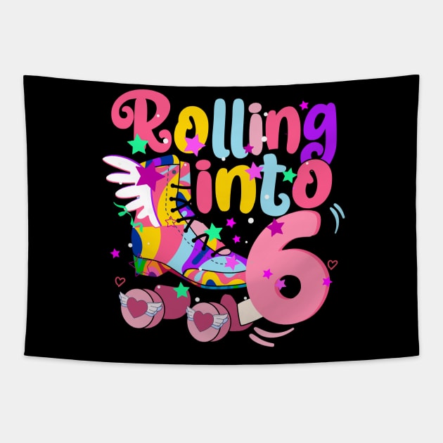 rolling into 6 - 6th birthday girl roller skates theme party Tapestry by savage land 