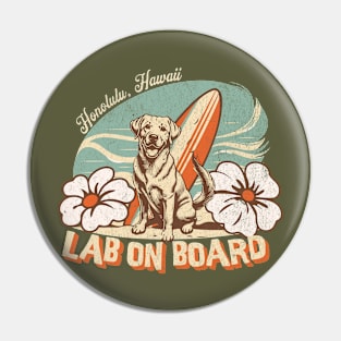 Retro Style Surfing Labrador T-Shirt – Honolulu Hawaii Beach Dog Lovers Design and Artwork Pin