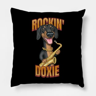 Fun Doxie Dog playing sax on Rockin Doxie tee Pillow