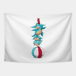 Blue Birds Balancing Boiling Beverages on a Beach Ball Tapestry