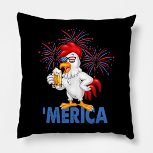 Merica Funny Chicken with beer USA Flag 4th of July Pillow