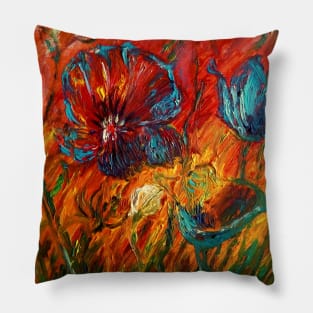 A Field of Red, Blue and White Poppies Pillow