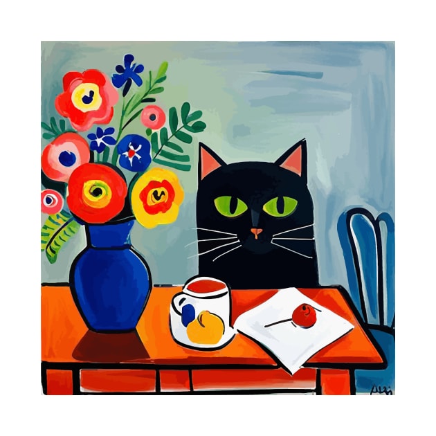 Black Cat with Flowers in a Blue Vase Still Life Painting by bragova