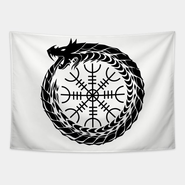 Ouroboros with the Helm of Awe (black symbol) Tapestry by Vikingnerds