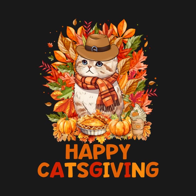 Happy Catsgiving Cute Thanksgiving Cat Wears Pilgrim Hat T-Shirt by Kelley Clothing