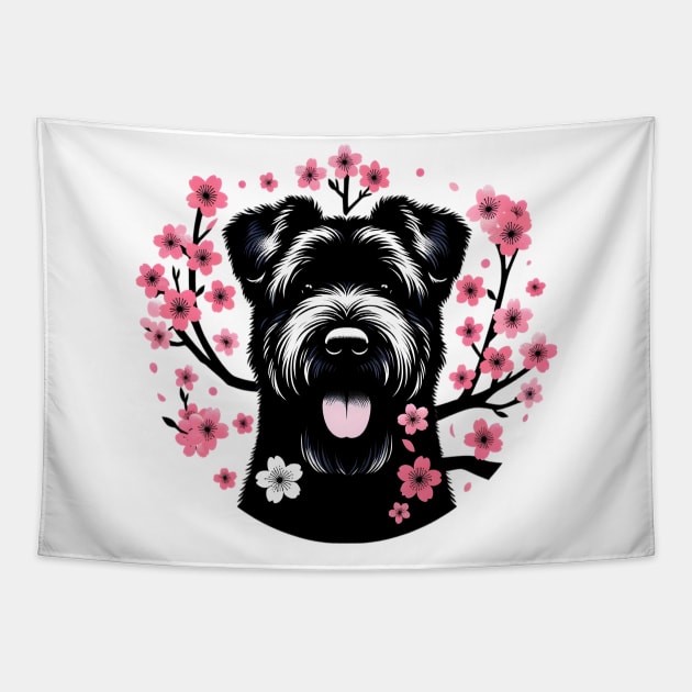 Black Russian Terrier Revels in Spring's Cherry Blossoms Tapestry by ArtRUs