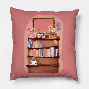 Cute Bookshelf with Flowers and Books and Coffee Cup Pillow