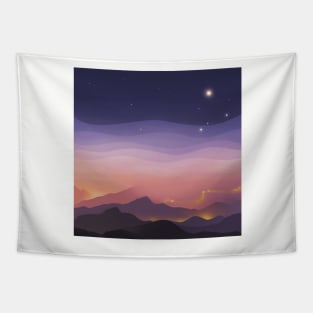 Lights Through The Fog, Stars In the Sky Minimalistic Landscape Illustration Tapestry