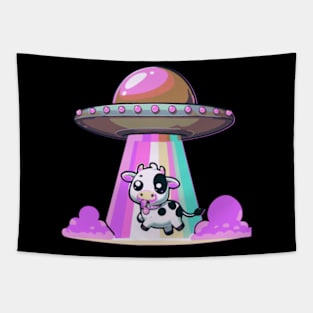 Funny Kawaii Cow UFO Abduction Cute Tongue Out Tapestry